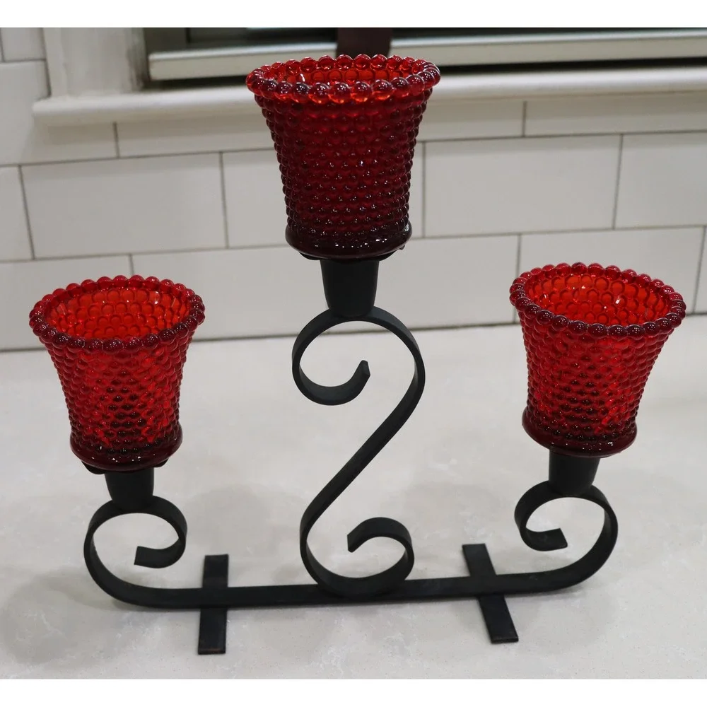 Wrought Iron Candelabra with 3 Red Hobnail Glass Votive Taper Holders Black